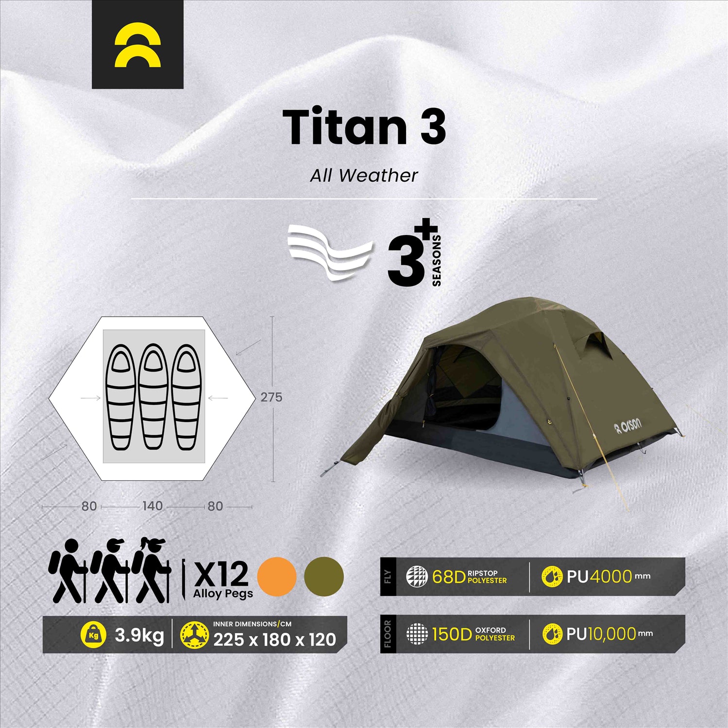 Orson Orson Titan 3 | All-Weather 3 Person Camping Tent | 3.9kg