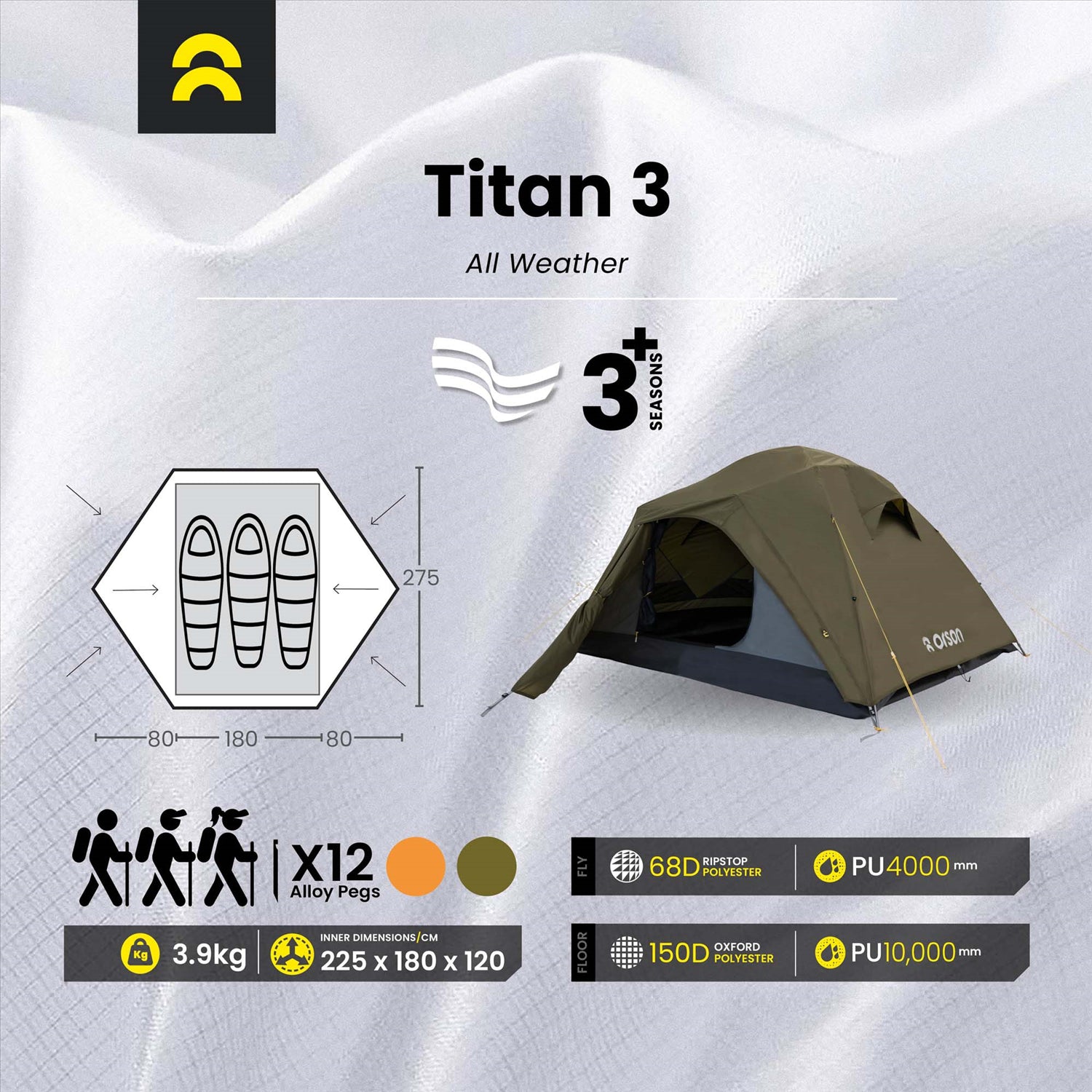 Orson Orson Titan 3 | All-Weather 3 Person Camping Tent | 3.9kg