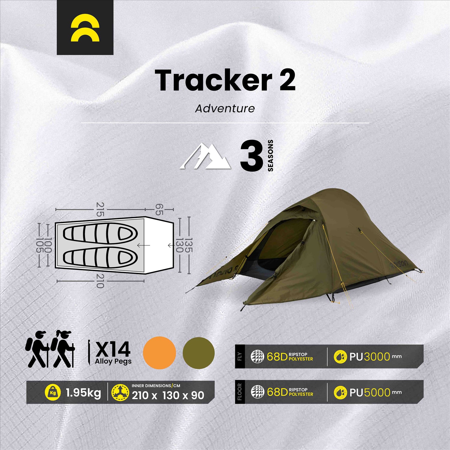 Orson Orson Tracker 2 - Ripstop Lightweight 2 Person Hiking Tent, 1.95kg