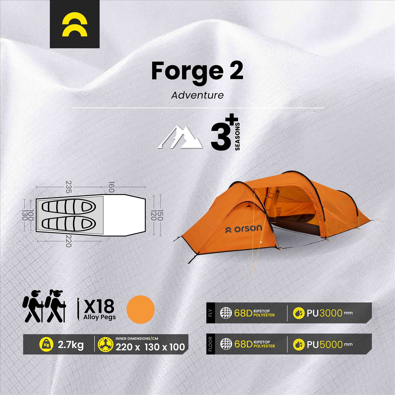 Orson Orson Forge 2 | 3+ Seasons - 2 Person Tunnel Tent | 2.7kg