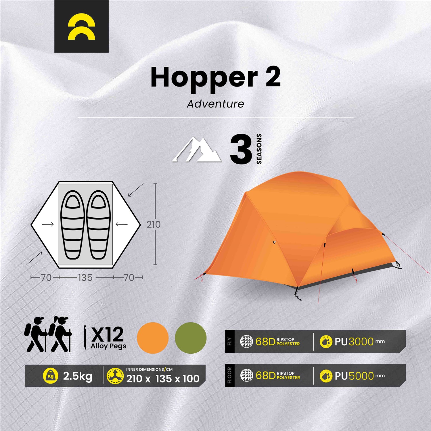 Orson Orson Hopper 2 | Ripstop Polyester 2 Person Lightweight Tent | 2.5kg