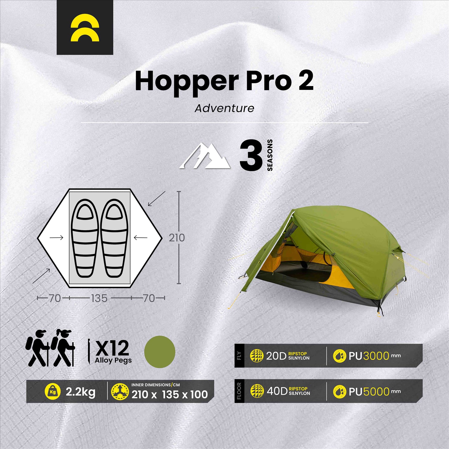 Orson Orson Hopper Pro 2 | Ripstop Silnylon 2 Person Hiking Tent | 2.2kg