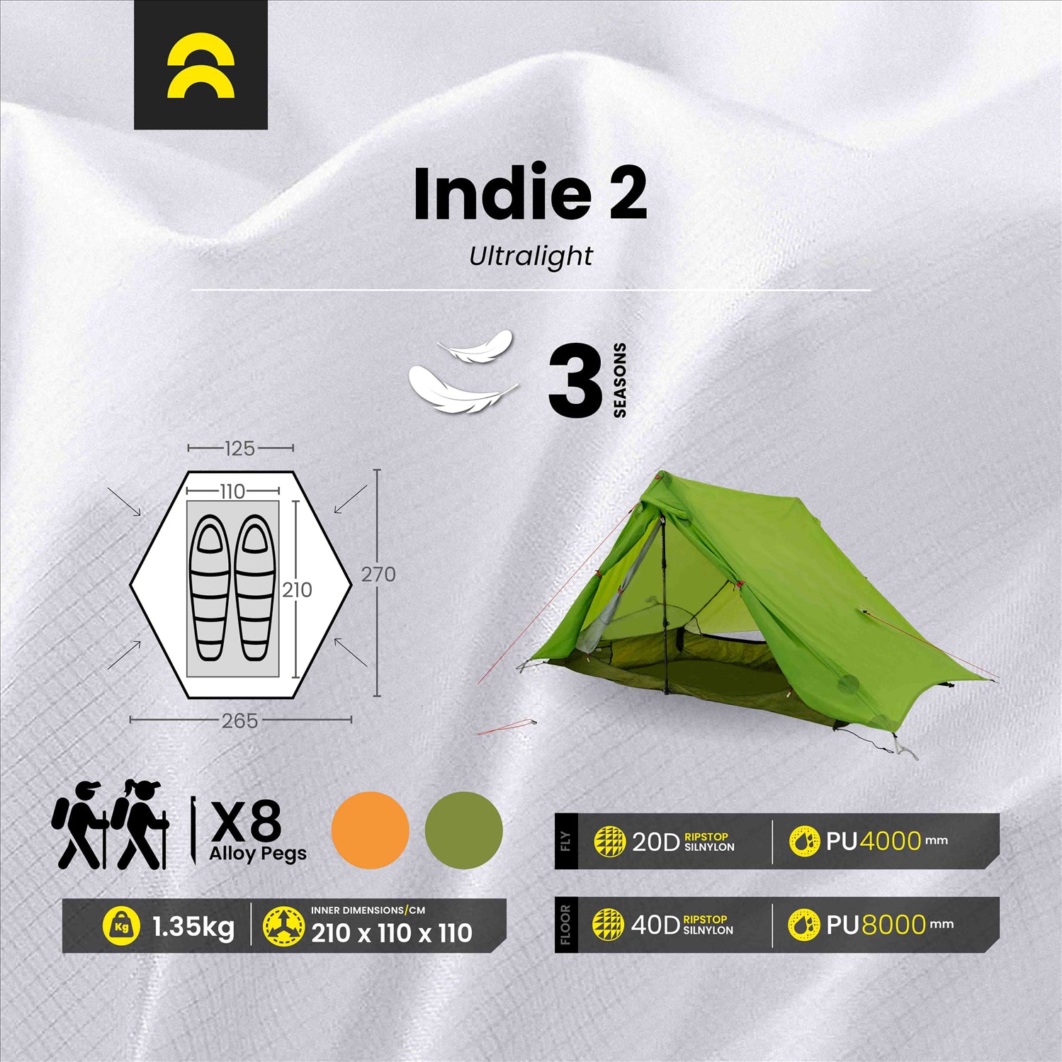 Orson Orson Indie 2 | Ultralight Silnylon 2 Person Hiking Tent | 1.35kg
